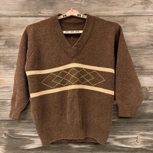 Vintage Wool‎ Sweater Mens XL Brown Tan V-neck 3/4 Sleeves Thick Heavy